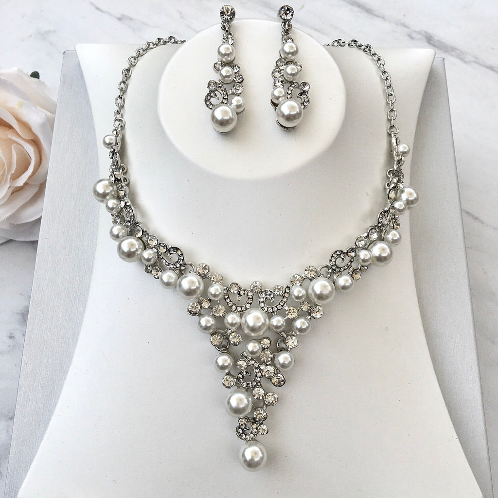 Pearl Wedding Jewelry - Pearl and Crystal Bridal Jewelry Set with Tiara