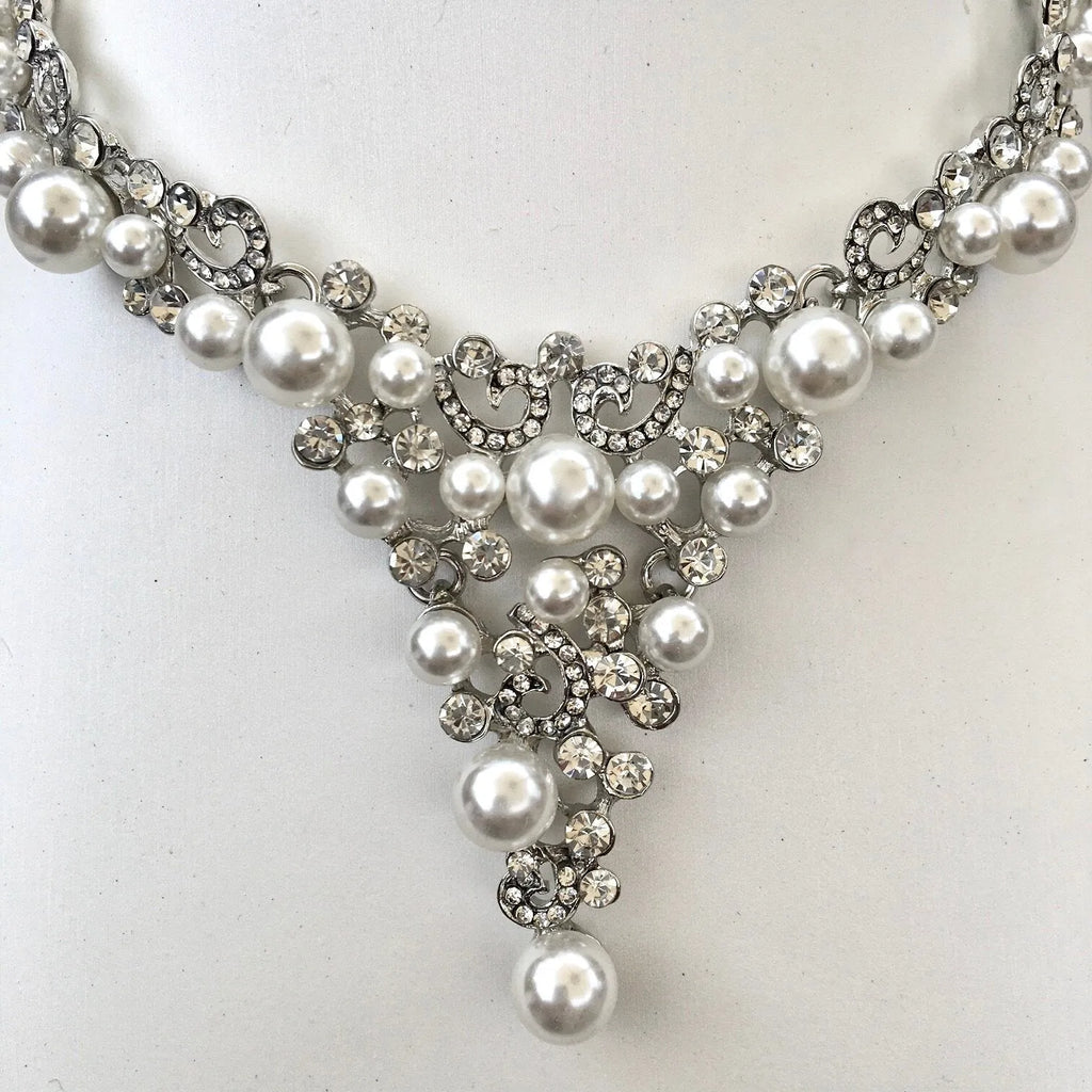 Pearl Wedding Jewelry - Pearl and Crystal Bridal Jewelry Set with Tiara
