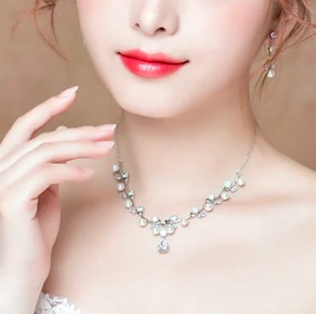 Wedding Jewelry - Silver Pearl and Cubic Zirconia Bridal Jewelry Set