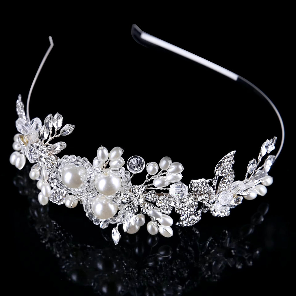 Wedding Hair Accessories - Silver Pearl and Crystal Bridal Side-Headband