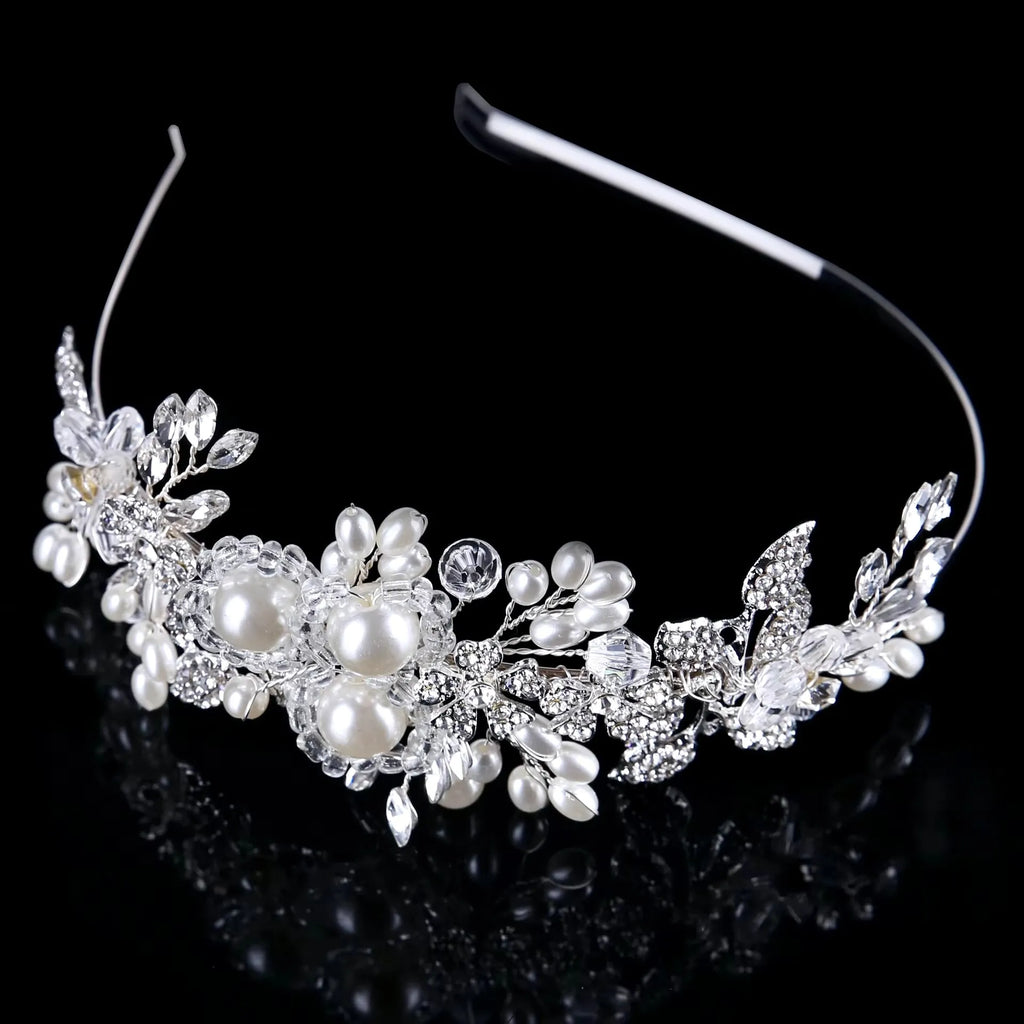 Wedding Hair Accessories - Silver Pearl and Crystal Bridal Side-Headband