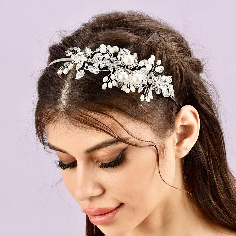 Wedding Hair Accessories - Silver Pearl and Crystal Bridal Side-Headband