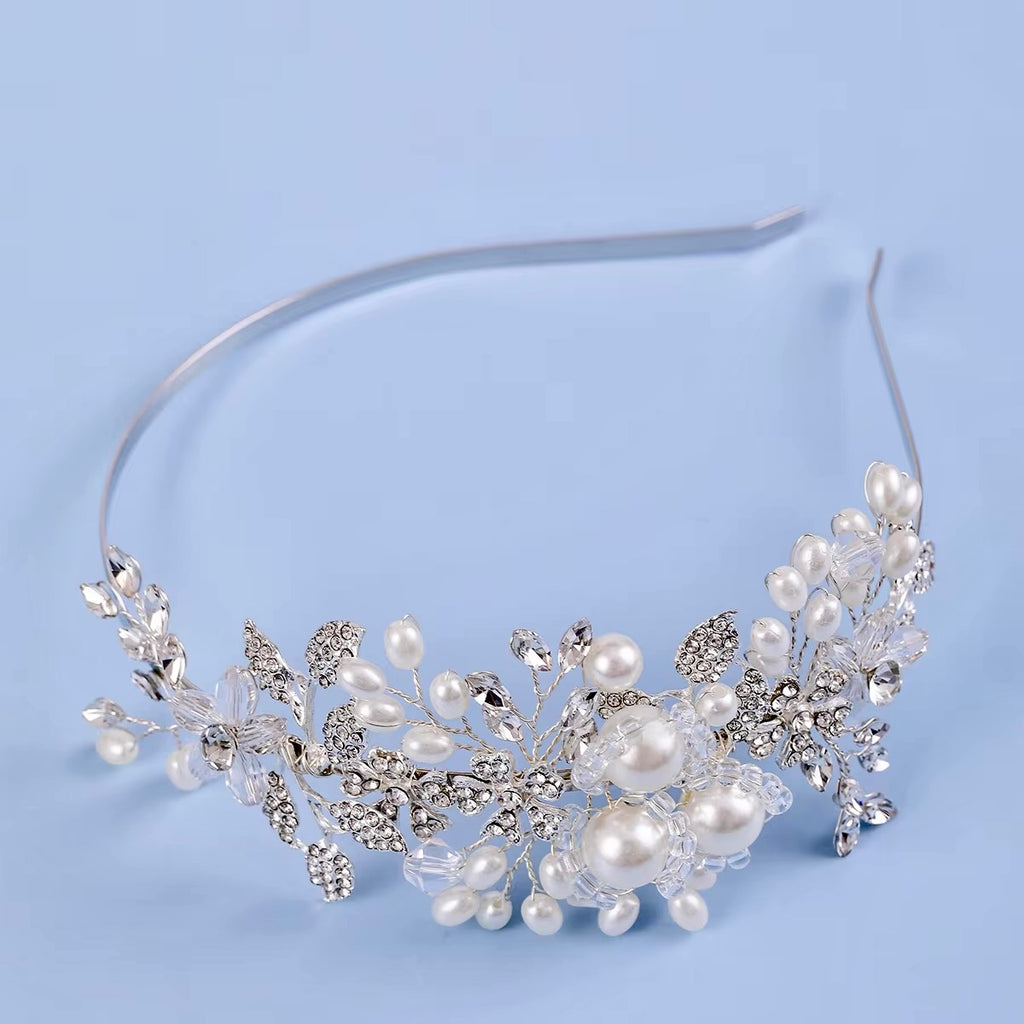 Wedding Hair Accessories - Silver Pearl and Crystal Bridal Side-Headband