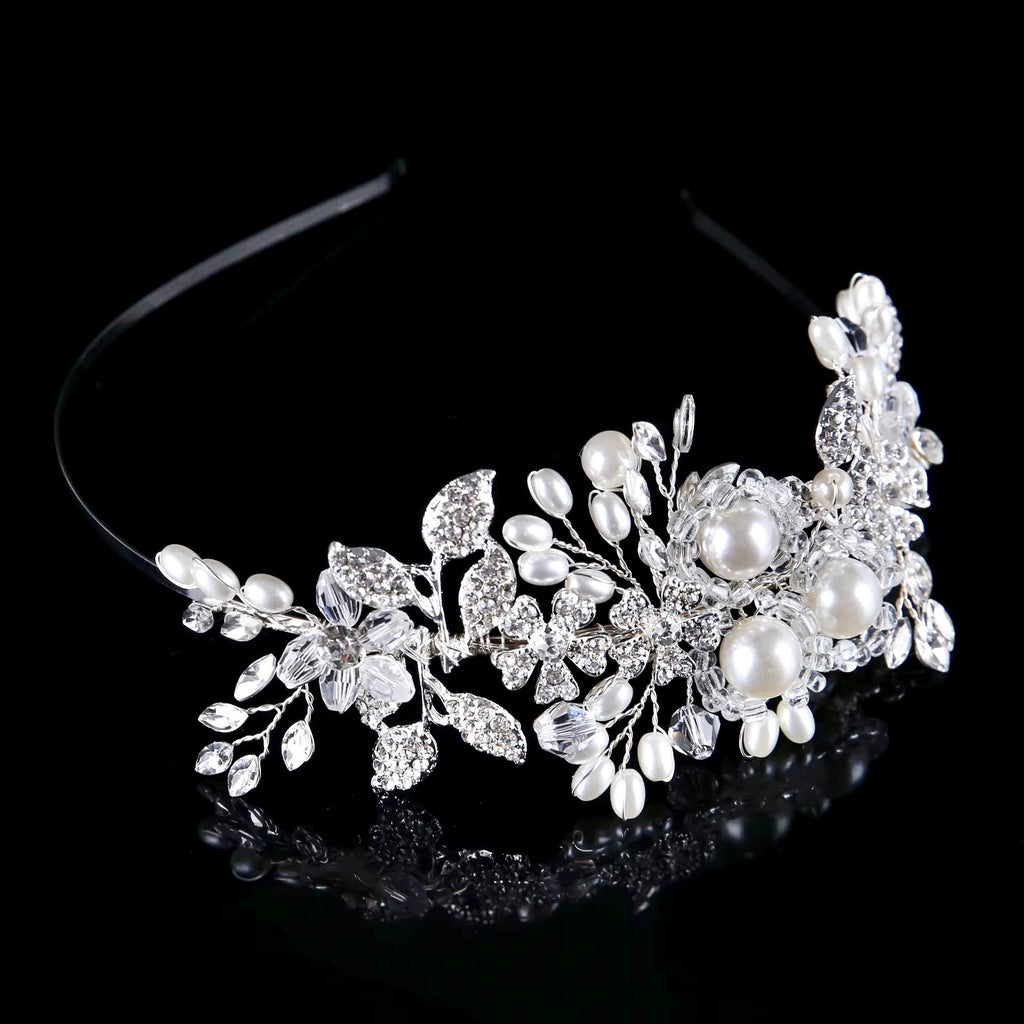 Wedding Hair Accessories - Silver Pearl and Crystal Bridal Side-Headband