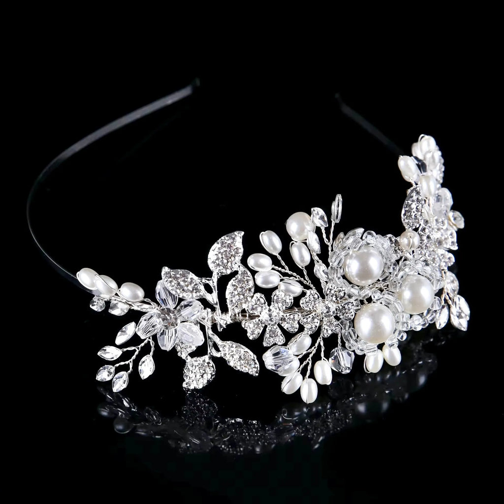 Wedding Hair Accessories - Silver Pearl and Crystal Bridal Side-Headband