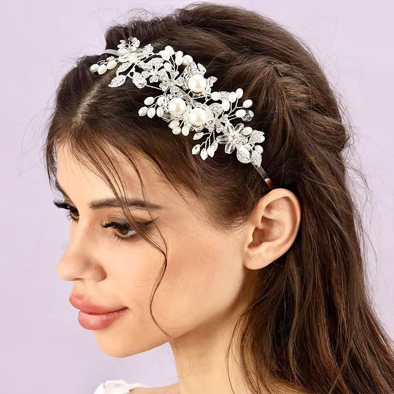 Wedding Hair Accessories - Silver Pearl and Crystal Bridal Side-Headband