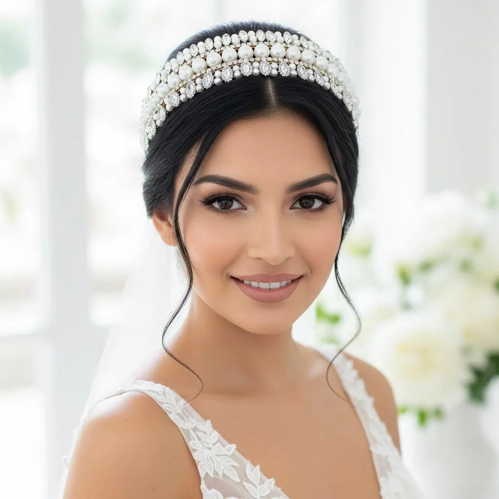 Elegant Pearl & Crystal Bridal Headband in Gold | Wedding  display picture 3