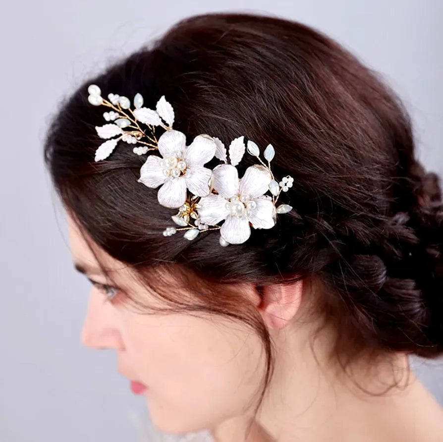 Wedding Hair Accessories - Gold Pearl and Opal Bridal Hair Clip