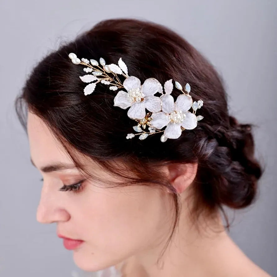Wedding Hair Accessories - Gold Pearl and Opal Bridal Hair Clip