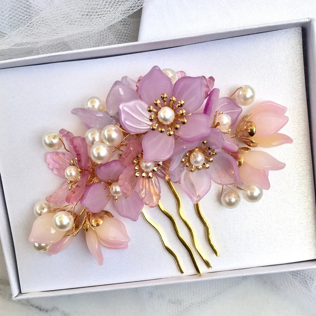 Wedding Hair Accessories - Pink Pearl and Glass Flowers Bridal Hair Comb