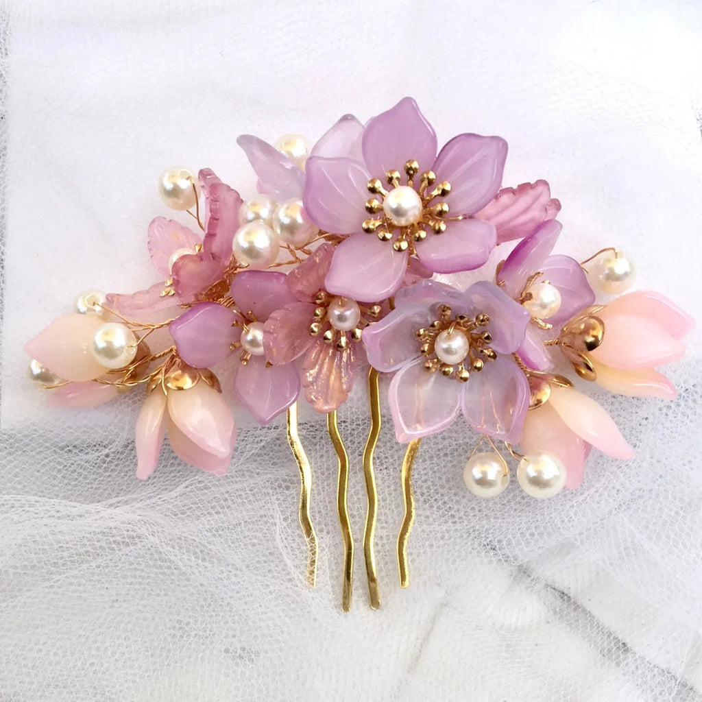 Wedding Hair Accessories - Pink Pearl and Glass Flowers Bridal Hair Comb