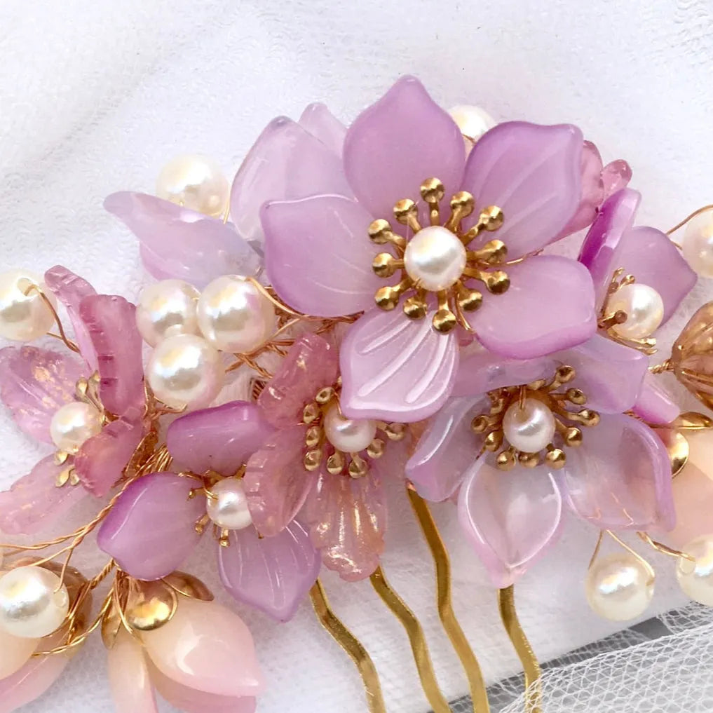 Wedding Hair Accessories - Pink Pearl and Glass Flowers Bridal Hair Comb
