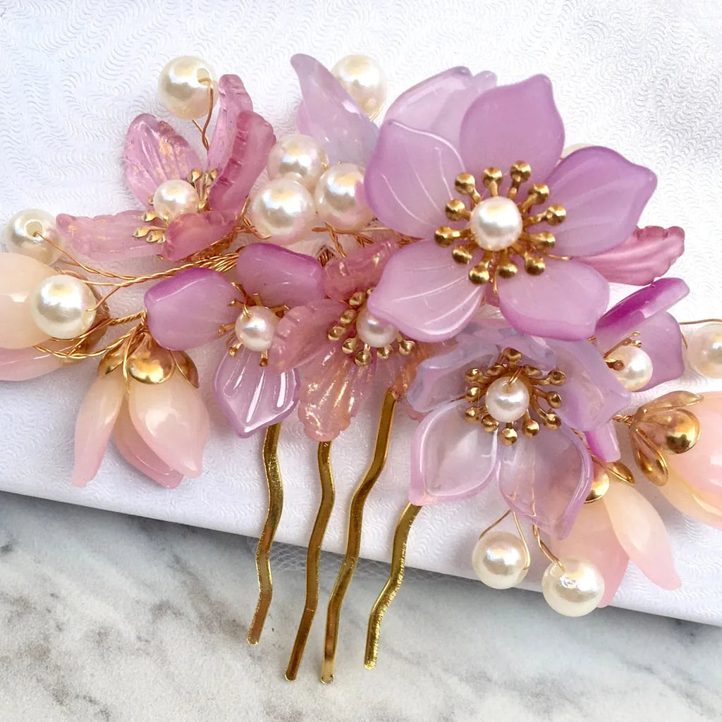 Wedding Hair Accessories - Pink Pearl and Glass Flowers Bridal Hair Comb