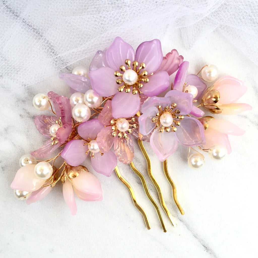 Wedding Hair Accessories - Pink Pearl and Glass Flowers Bridal Hair Comb