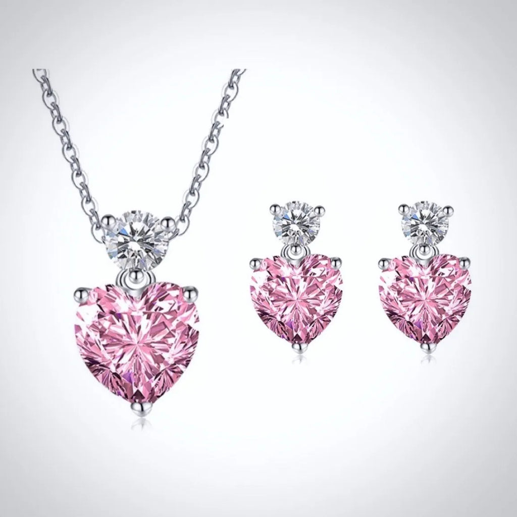 Wedding Jewelry - Pink Cubic Zirconia Heart Bridal Jewelry Set