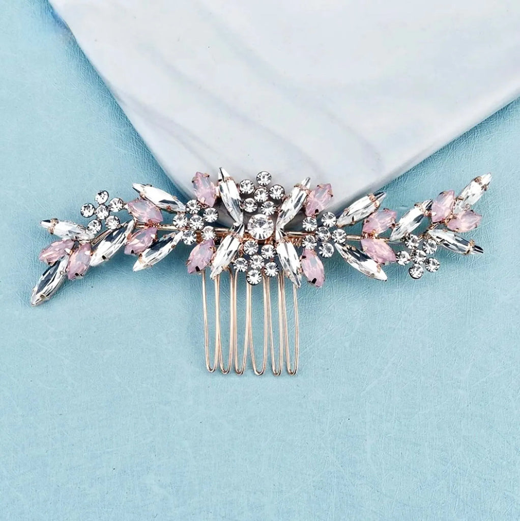Wedding Hair Accessories - Pink Opal  Bridal Hair Comb in Rose Gold