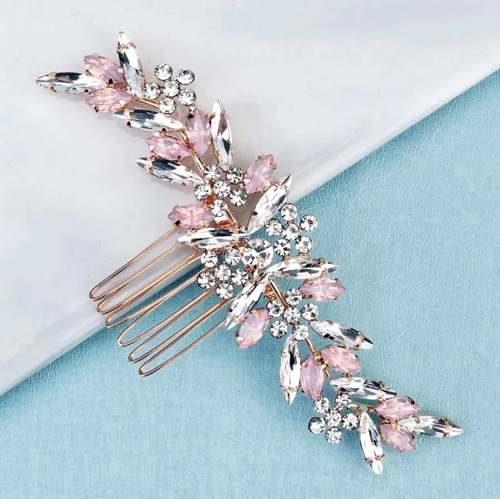 Wedding Hair Accessories - Pink Opal  Bridal Hair Comb in Rose Gold