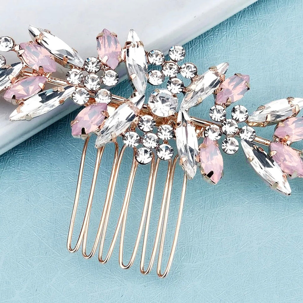 Wedding Hair Accessories - Pink Opal  Bridal Hair Comb in Rose Gold