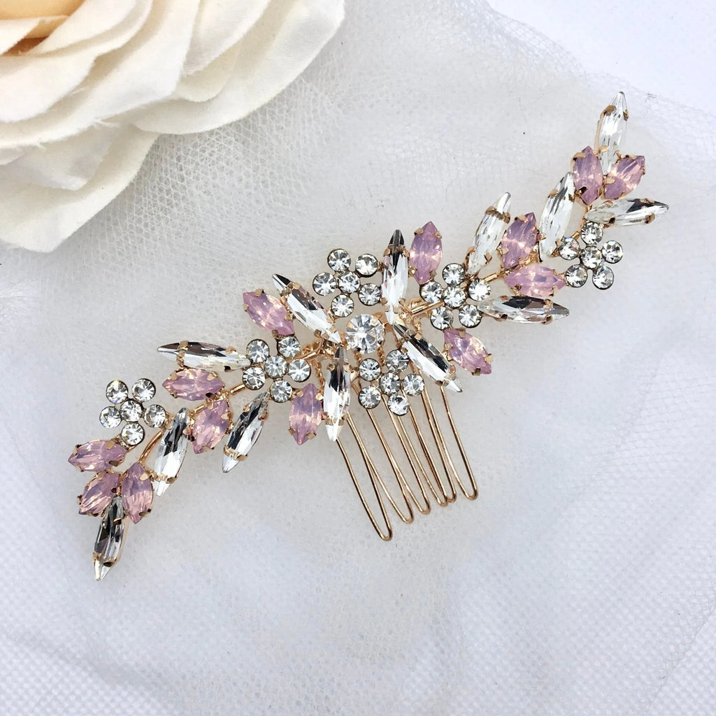 Wedding Hair Accessories - Pink Opal  Bridal Hair Comb in Rose Gold
