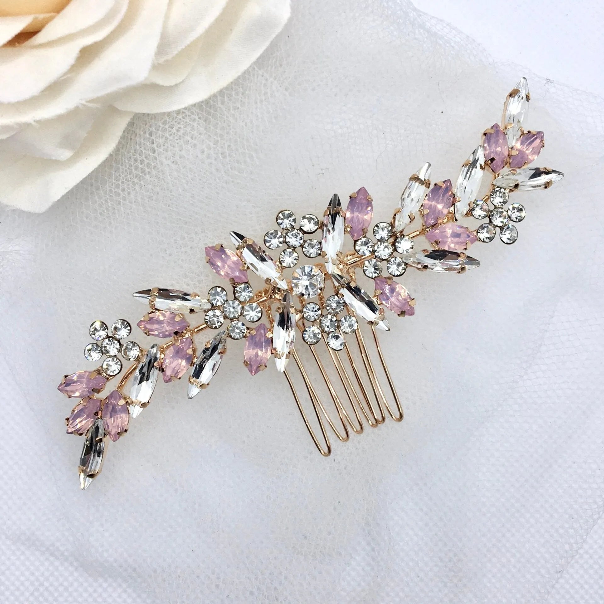 Pink Opal Bridal Hair Comb – Rose Gold Wedding Hair 