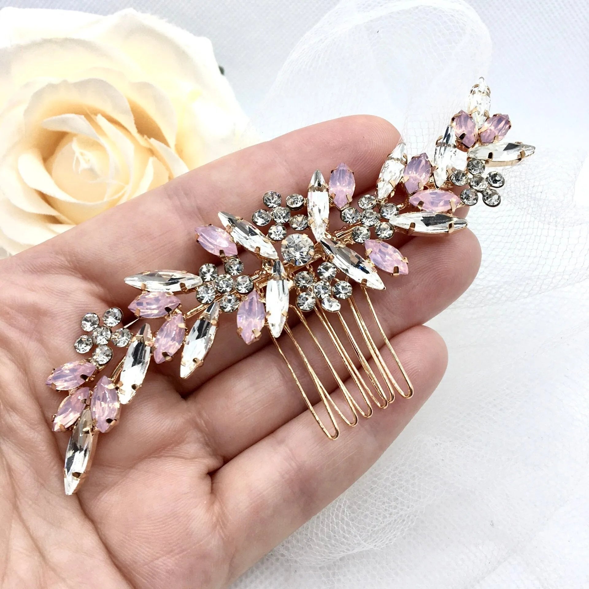 Pink Opal Bridal Hair Comb – Rose Gold Wedding Hair  display picture 3