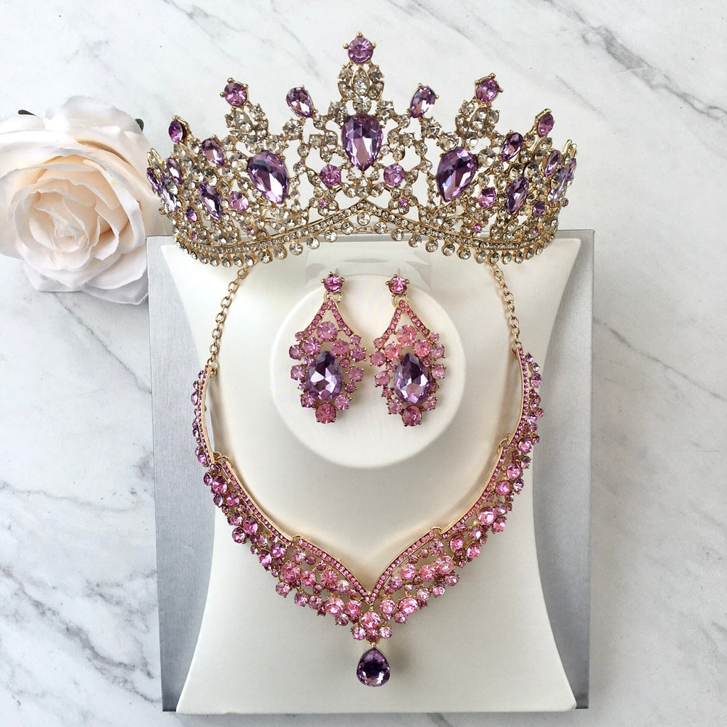 Adora by Simona Wedding Jewelry and Accessories - Purple Crystal 3-Piece Bridal Jewelry Set with Tiara - Available in Silver and Gold Silver Necklace and Earrings Set