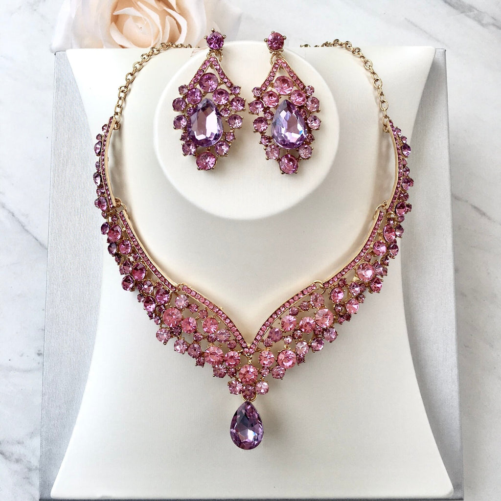 Wedding Jewelry and Accessories - Purple Crystal 3-Piece Bridal Jewelry Set With Tiara - Available in Silver and Gold