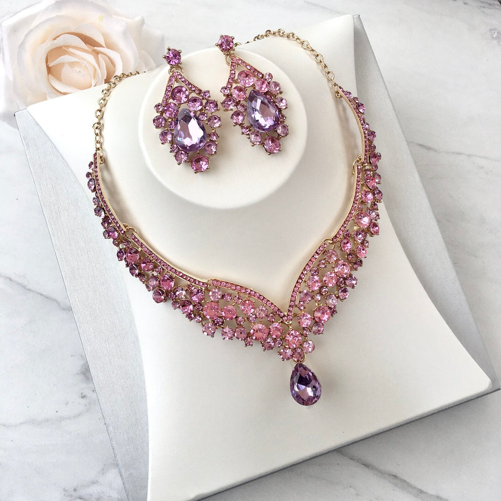 Wedding Jewelry and Accessories - Purple Crystal 3-Piece Bridal Jewelry Set With Tiara - Available in Silver and Gold