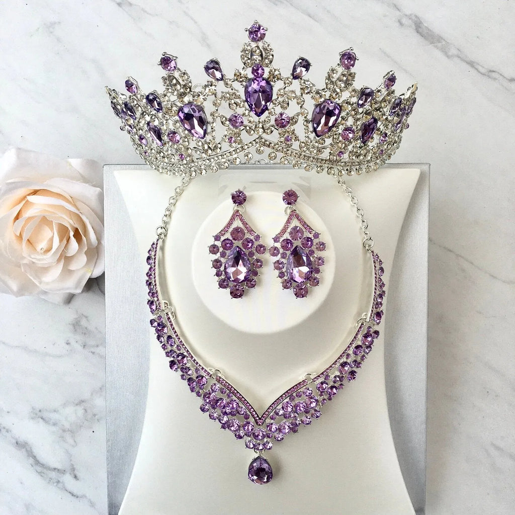 Wedding Jewelry and Accessories - Purple Crystal 3-Piece Bridal Jewelry Set With Tiara - Available in Silver and Gold