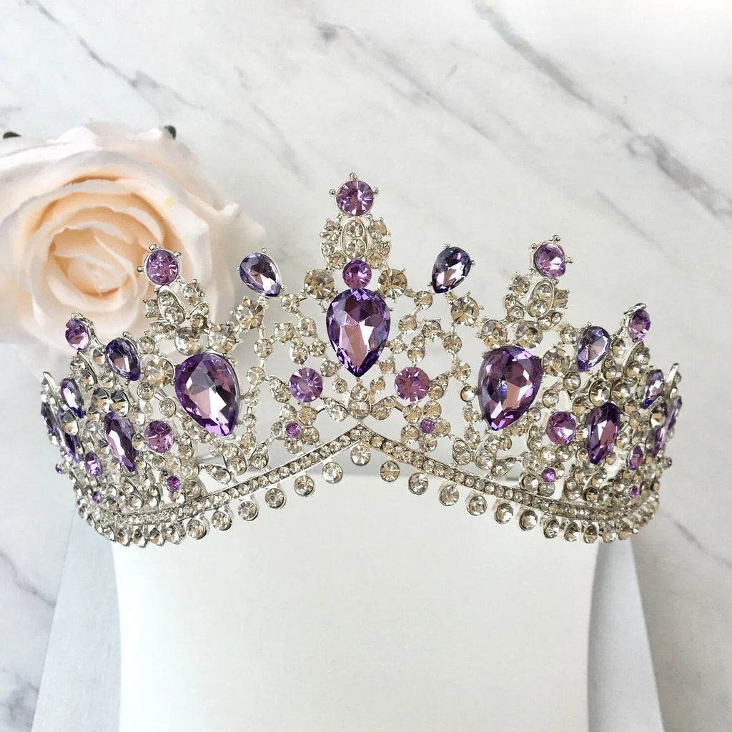 Wedding Jewelry and Accessories - Purple Crystal 3-Piece Bridal Jewelry Set With Tiara - Available in Silver and Gold