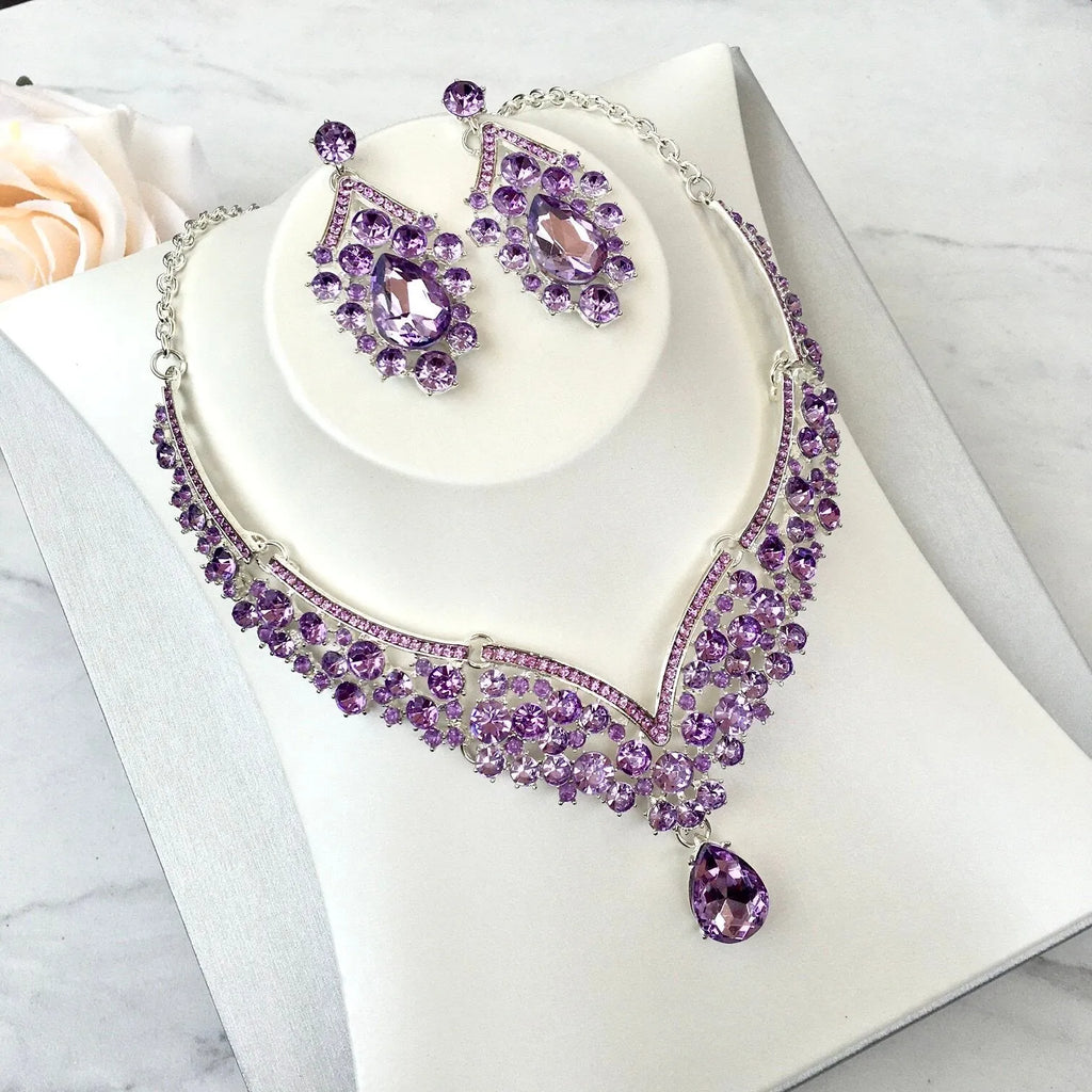 Wedding Jewelry and Accessories - Purple Crystal 3-Piece Bridal Jewelry Set With Tiara - Available in Silver and Gold