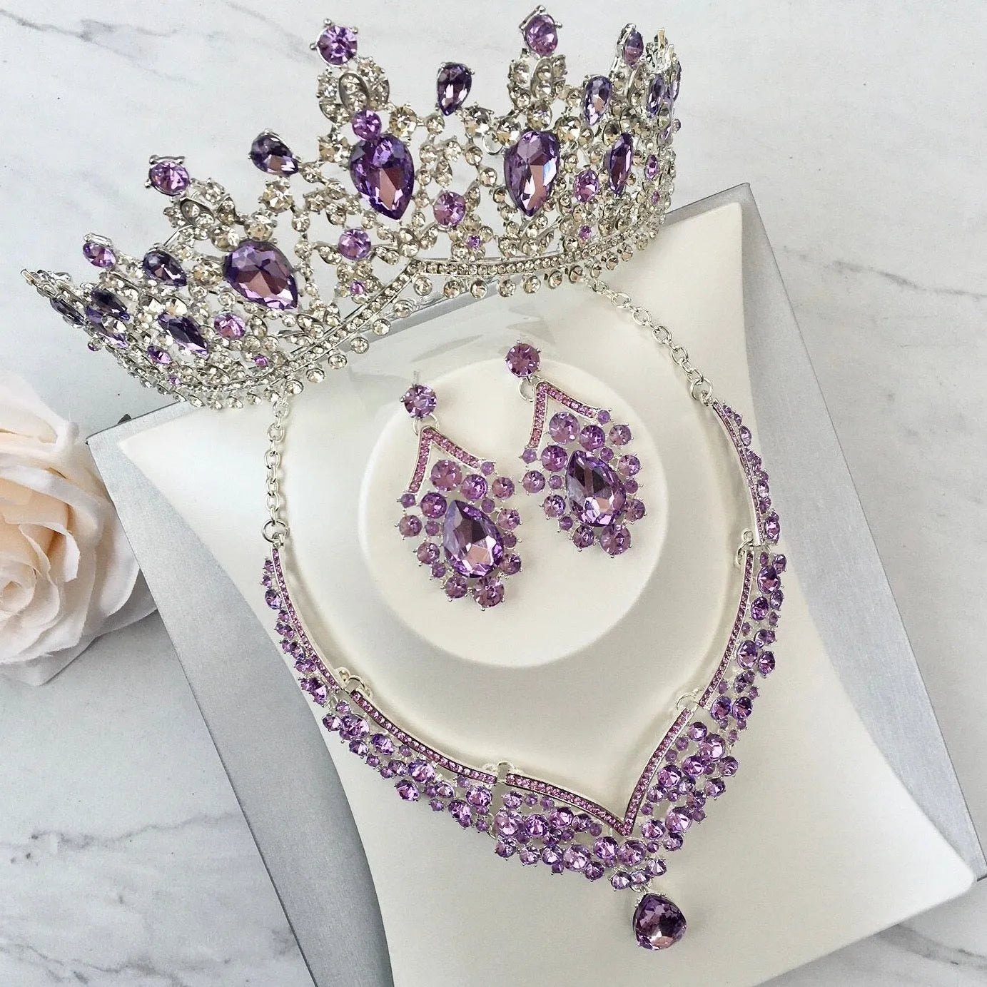 3pc diamond rhinestone tiara necklace earring set Mini Holly Audrey-Inspired Jewelry Set – Elegant Glam | Utopiat main image 2