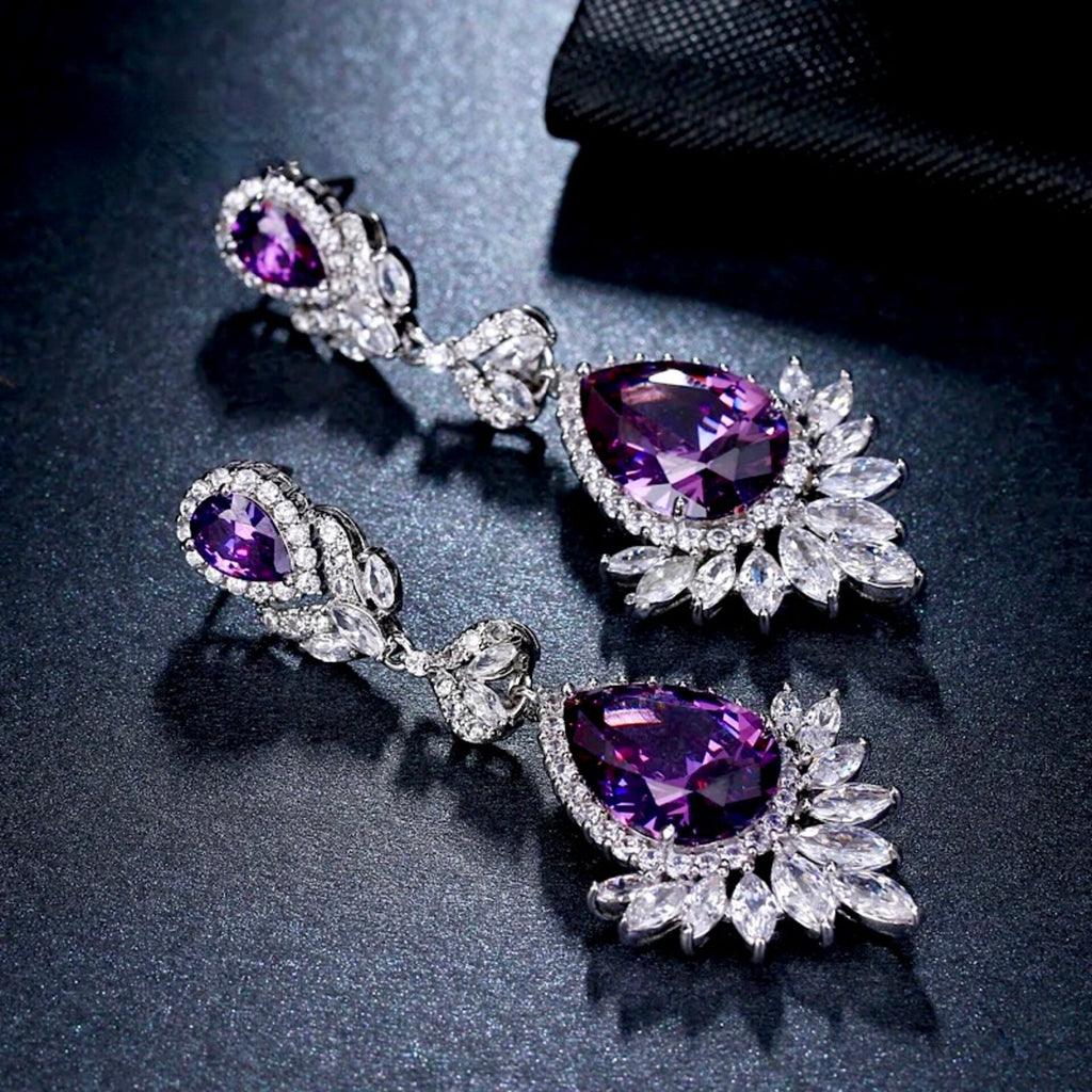 Wedding Jewelry - Purple Cubic Zirconia Bridal Earrings