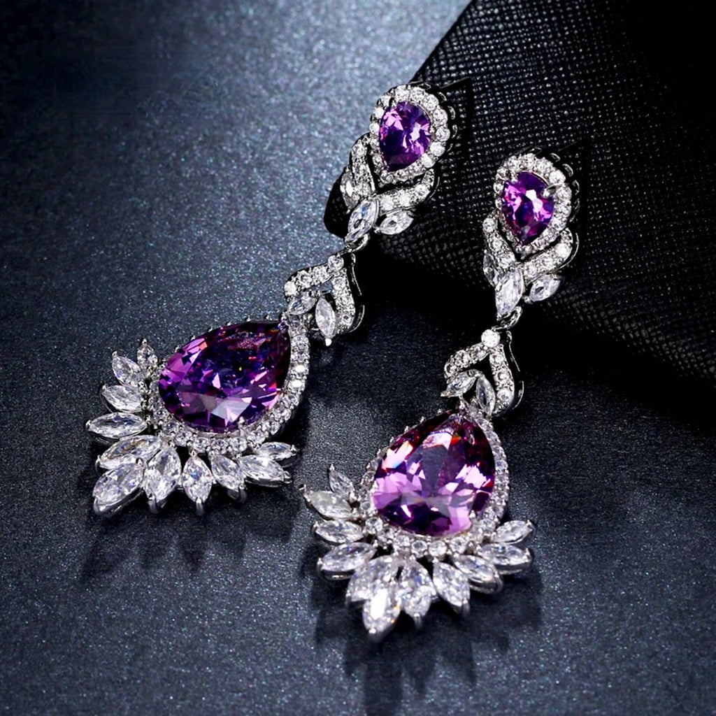 Wedding Jewelry - Purple Cubic Zirconia Bridal Earrings