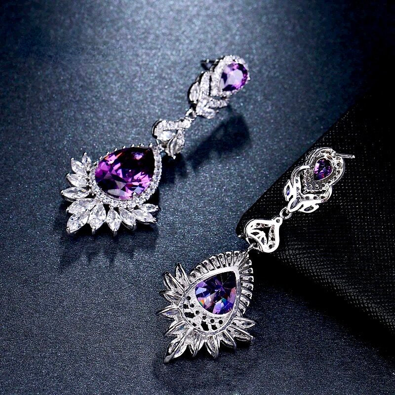 Wedding Jewelry - Purple Cubic Zirconia Bridal Earrings