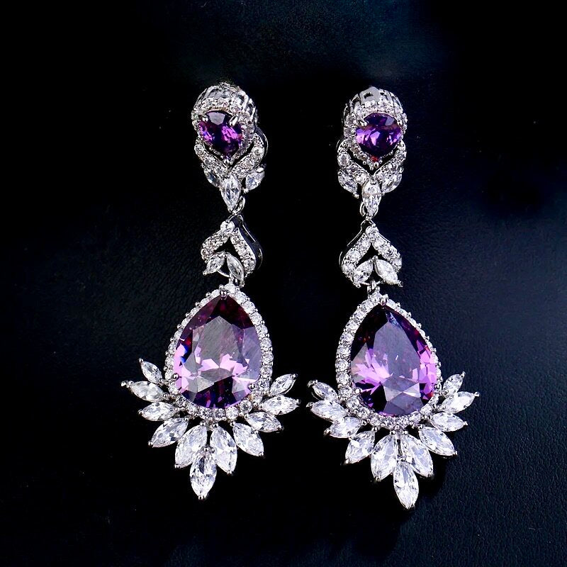 Wedding Jewelry - Purple Cubic Zirconia Bridal Earrings