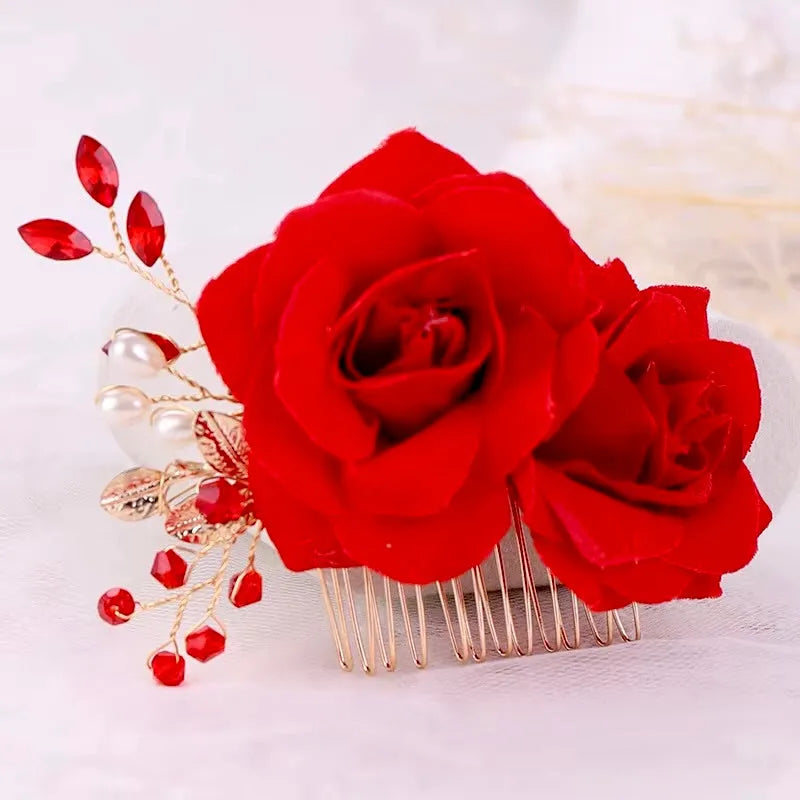 Wedding Hair Accessories - Red Rose Floral Hair Comb