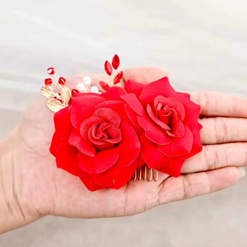 Wedding Hair Accessories - Red Rose Floral Hair Comb