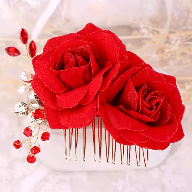 Wedding Hair Accessories - Red Rose Floral Hair Comb