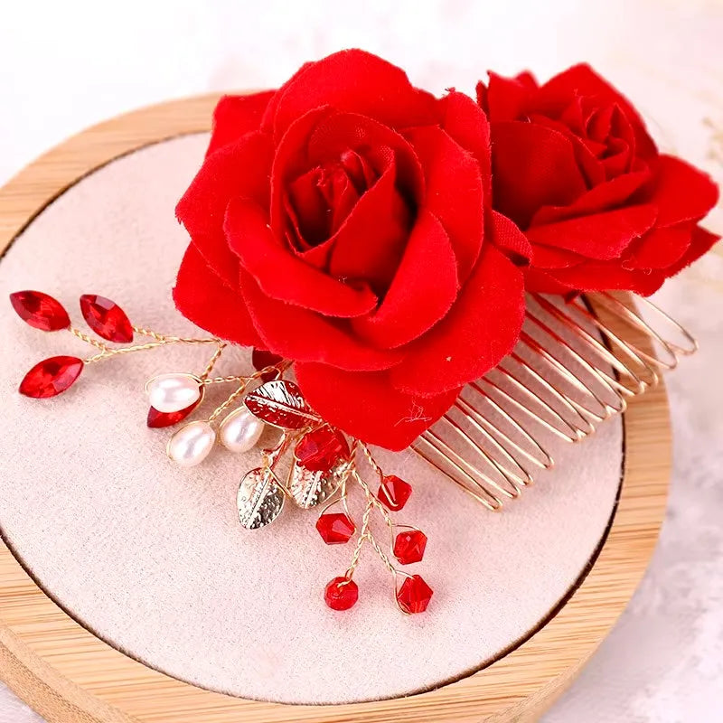Wedding Hair Accessories - Red Rose Floral Hair Comb