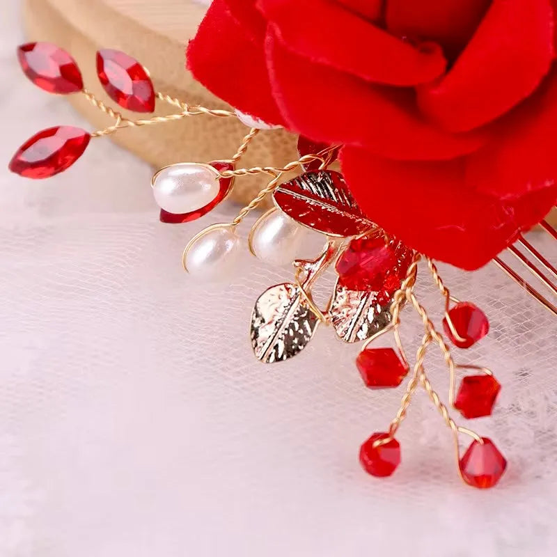 Wedding Hair Accessories - Red Rose Floral Hair Comb