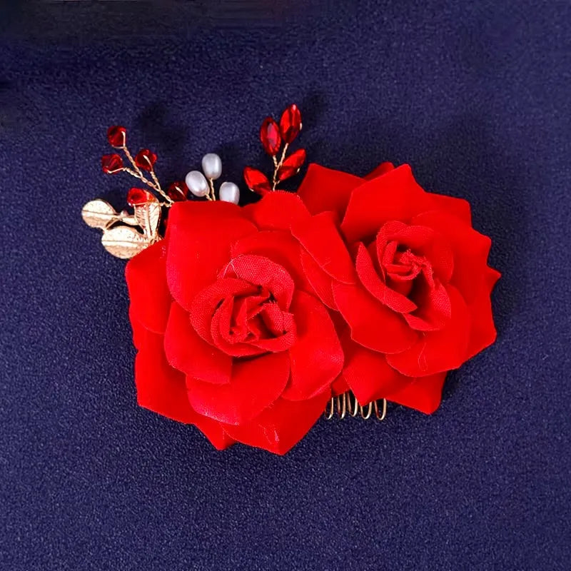 Wedding Hair Accessories - Red Rose Floral Hair Comb