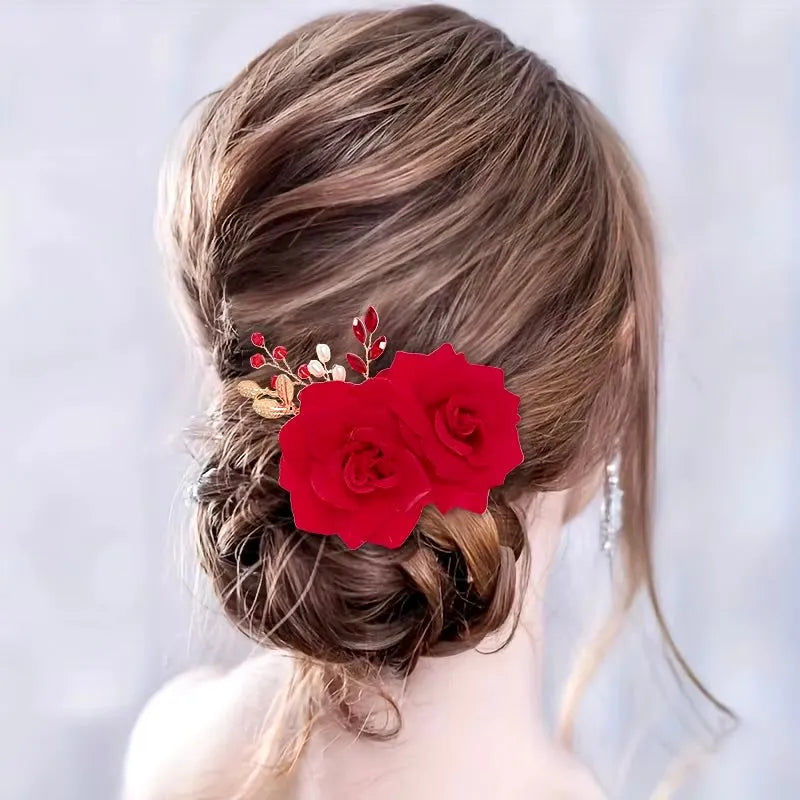 Wedding Hair Accessories - Red Rose Floral Hair Comb
