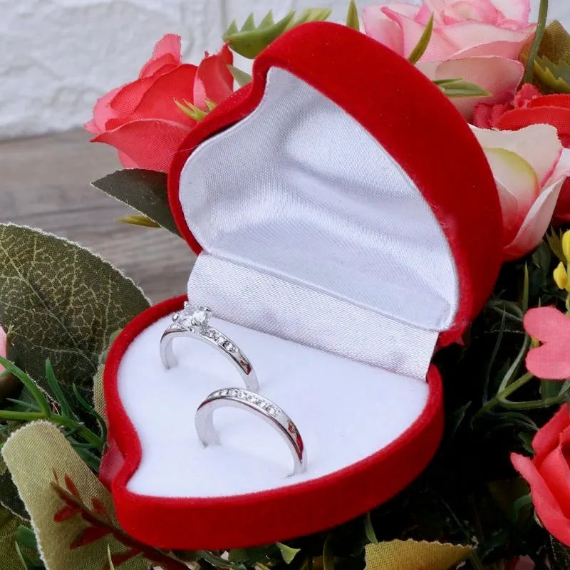 Wedding -  Red Heart-Shaped Velvet Double Ring Box