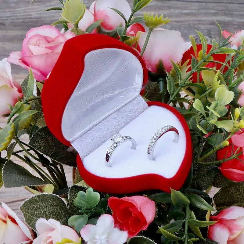 Wedding -  Red Heart-Shaped Velvet Double Ring Box