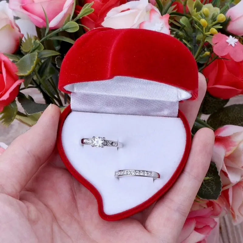 Wedding -  Red Heart-Shaped Velvet Double Ring Box