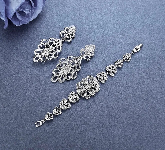 Wedding Jewelry - Cubic Zirconia Bridal Bracelet and Earrings Set - Available in Silver and Gold