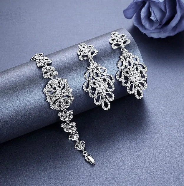 Wedding Jewelry - Cubic Zirconia Bridal Bracelet and Earrings Set - Available in Silver and Gold