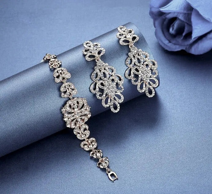 Wedding Jewelry - Cubic Zirconia Bridal Bracelet and Earrings Set - Available in Silver and Gold