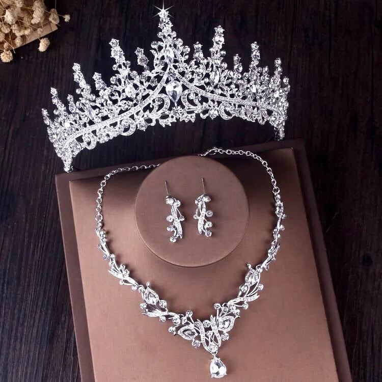 Wedding Jewelry and Accessories - Silver Cubic Zirconia 3-Piece Bridal Jewelry Set With Tiara